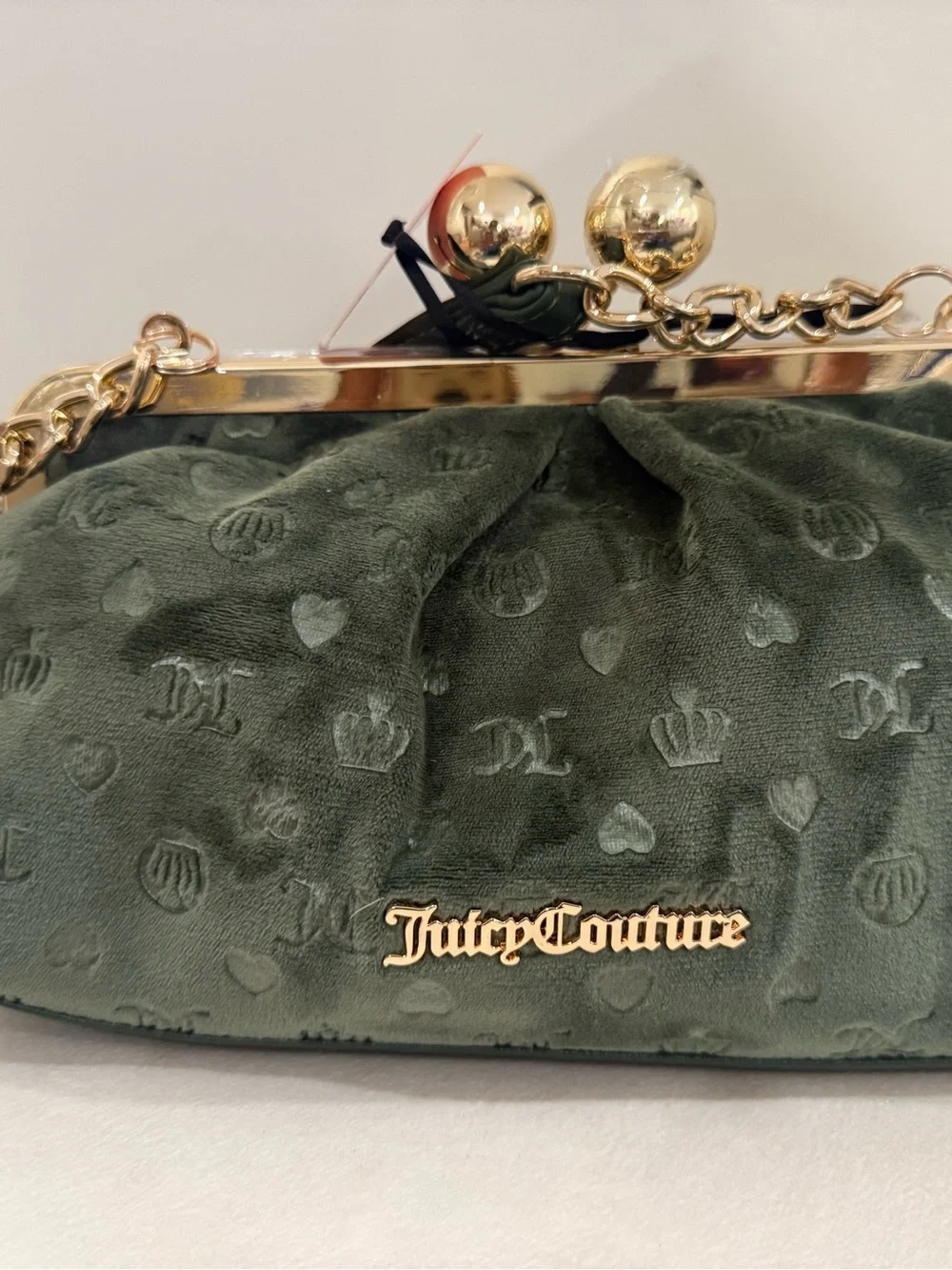 Juicy Couture Dark Green Velvet Kiss-Lock Wristlet with Gold Hardware